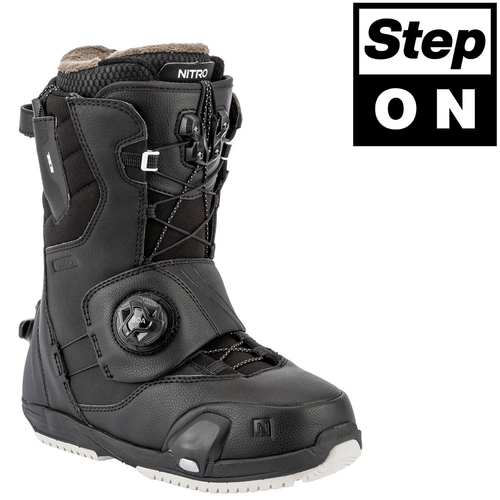 NITRO Step On ® + Cave TLS 2026: damskie wiązania i buty snowboardowe | HEAT Modlable | BOA ® | The Ultimate Fit & Convenient Interface | white & black