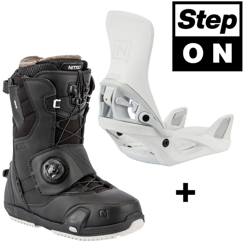 NITRO Step On ® + Cave TLS 2026: women's snowboard bindings + boots | HEAT Modlable | BOA ® | The Ultimate Fit & Convenient Interface | white & black