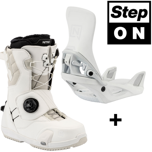 NITRO Step On ® + Cave TLS 2026: women's snowboard bindings + boots | HEAT Modlable | BOA ® | The Ultimate Fit & Convenient Interface | white & white